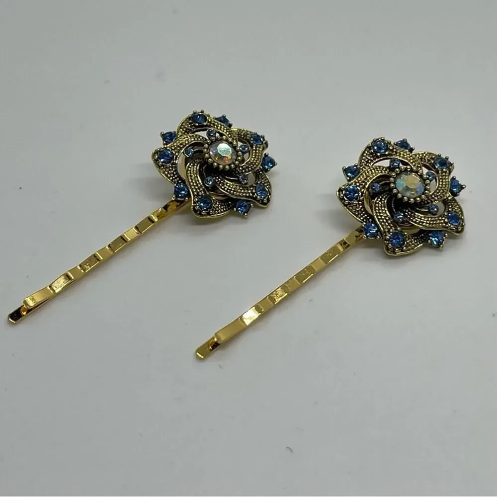 Handmade Blue Rhinestone Gold Set Hair Clips Whimsical HoCo Fairy Jewelry NWT